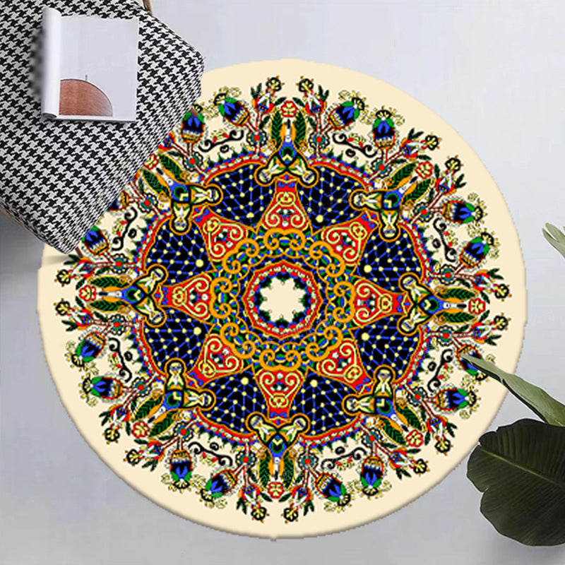 Round Moroccan Indoor Rug Polyester Floral Print Carpet Non-Slip Backing Rug for Home Decoration