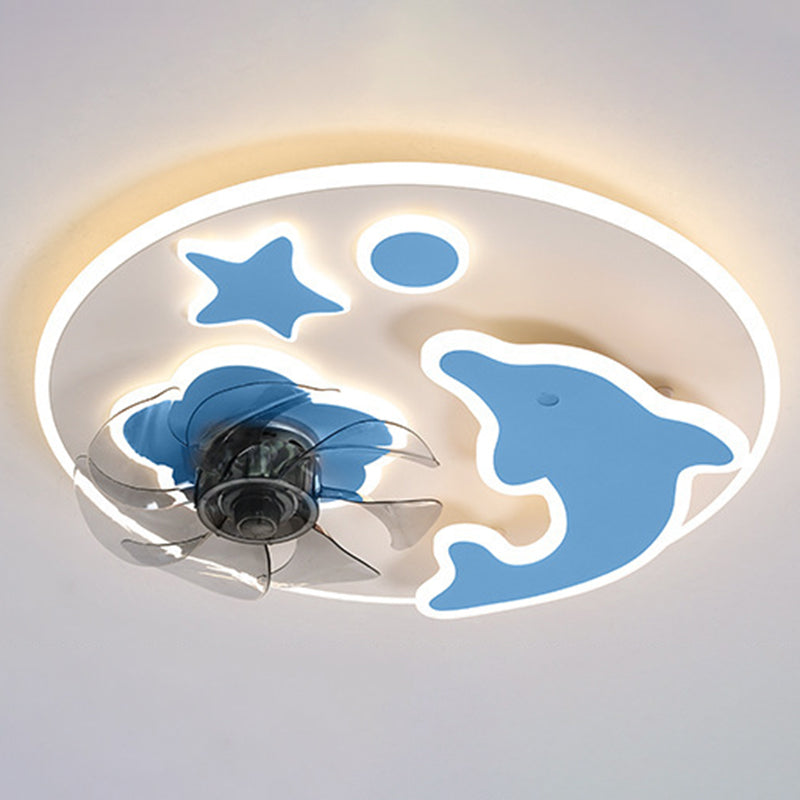 Round Kids Bedroom Ceiling Fan Lamp Metal Cartoon Style LED Semi Flush Light