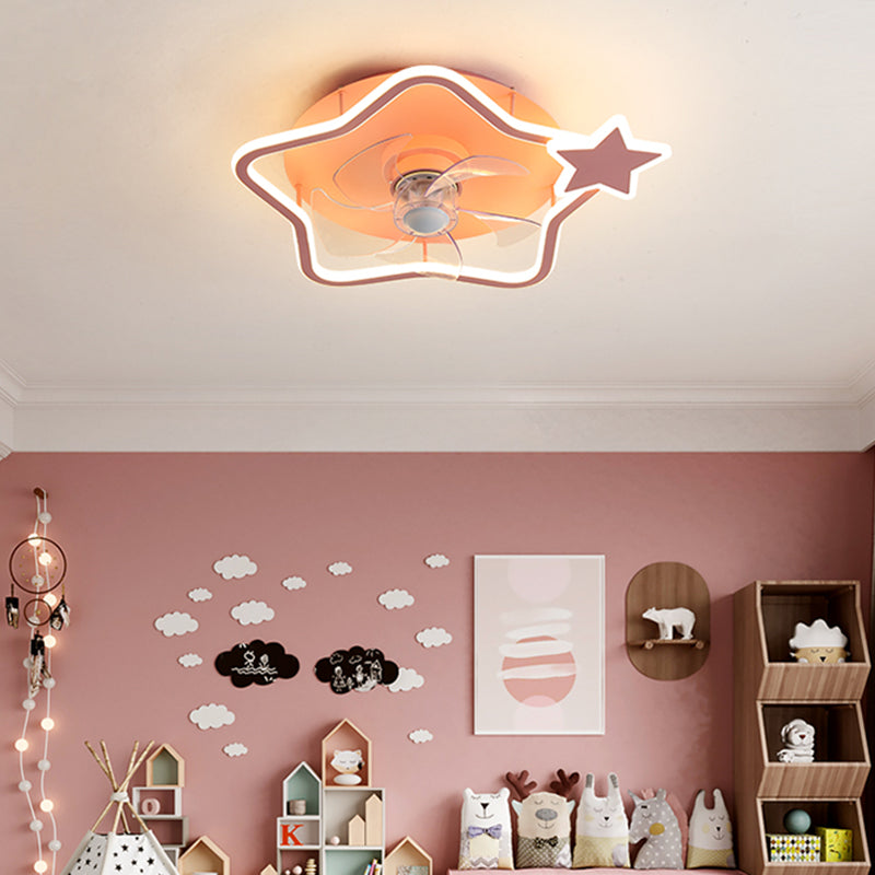 Cartoon Geometric LED Fan Light Fixture Acrylic Kids Bedroom Semi Flush Mount Light in Pink