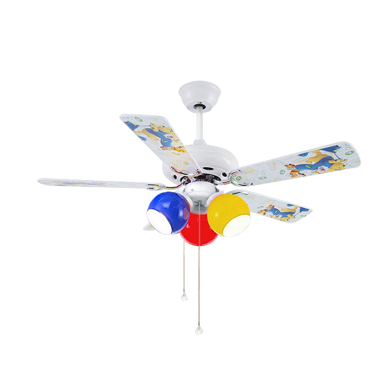 Multicolored Glass Dome Shade Hanging Fan Lamp Macaron 3-Light Red-Yellow-Blue Semi Flush Light