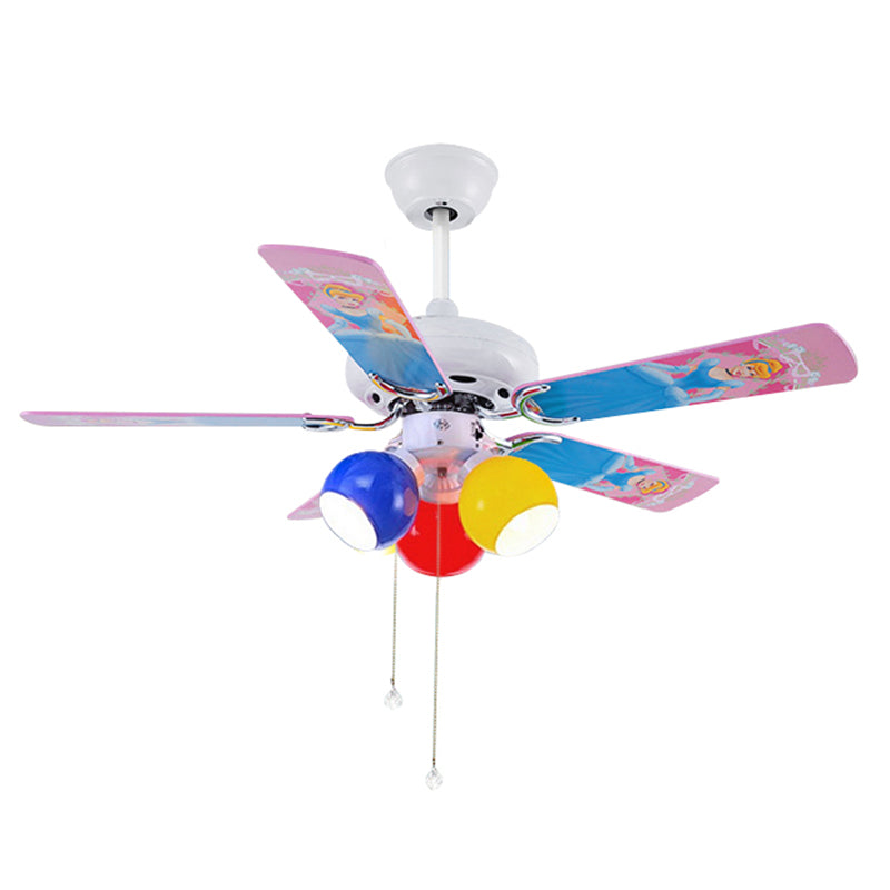 Multicolored Glass Dome Shade Hanging Fan Lamp Macaron 3-Light Red-Yellow-Blue Semi Flush Light