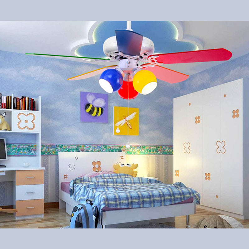 Multicolored Glass Dome Shade Hanging Fan Lamp Macaron 3-Light Red-Yellow-Blue Semi Flush Light