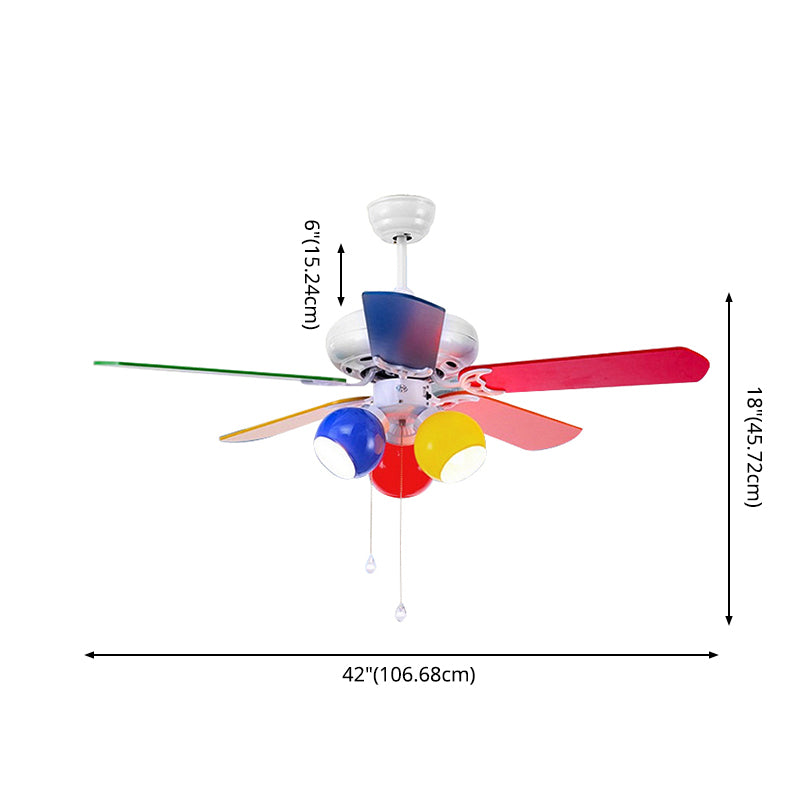 Multicolored Glass Dome Shade Hanging Fan Lamp Macaron 3-Light Red-Yellow-Blue Semi Flush Light