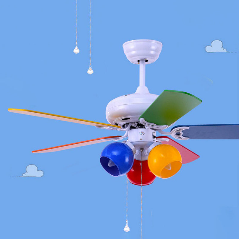 Multicolored Glass Dome Shade Hanging Fan Lamp Macaron 3-Light Red-Yellow-Blue Semi Flush Light