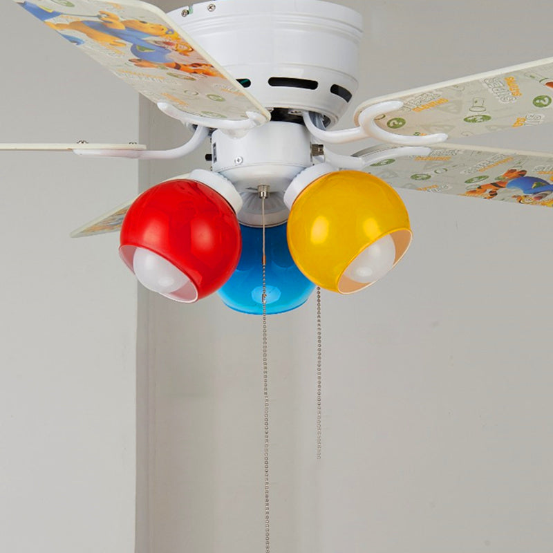 Multicolored Glass Dome Shade Hanging Fan Lamp Macaron 3-Light Red-Yellow-Blue Semi Flush Light