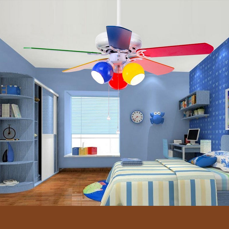 Multicolored Glass Dome Shade Hanging Fan Lamp Macaron 3-Light Red-Yellow-Blue Semi Flush Light