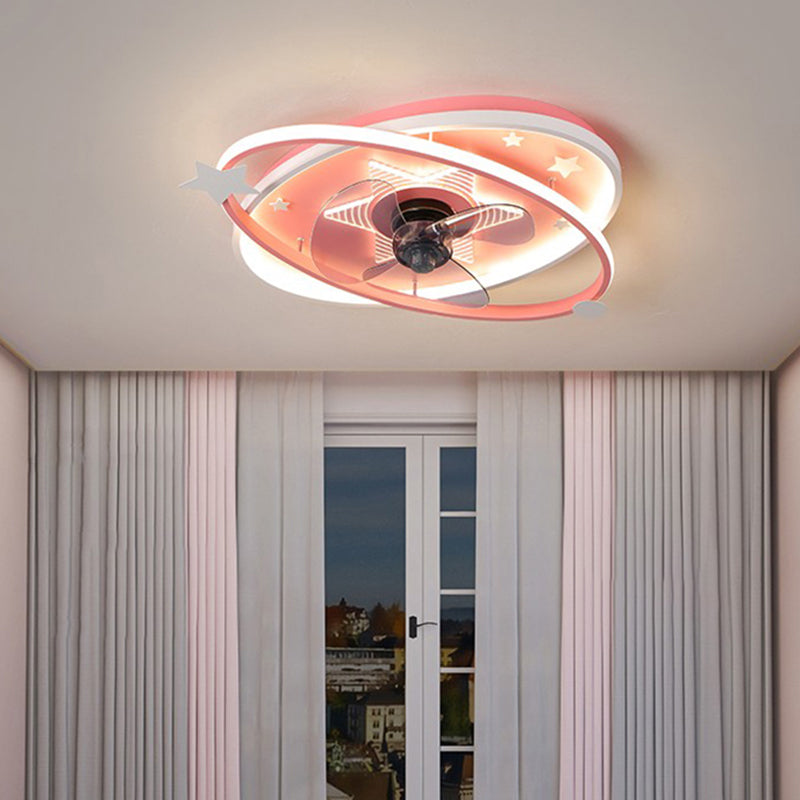 Oval Semi Flush Ceiling Light Kids Metal Bedroom LED Ceiling Fan Lamp Fixture
