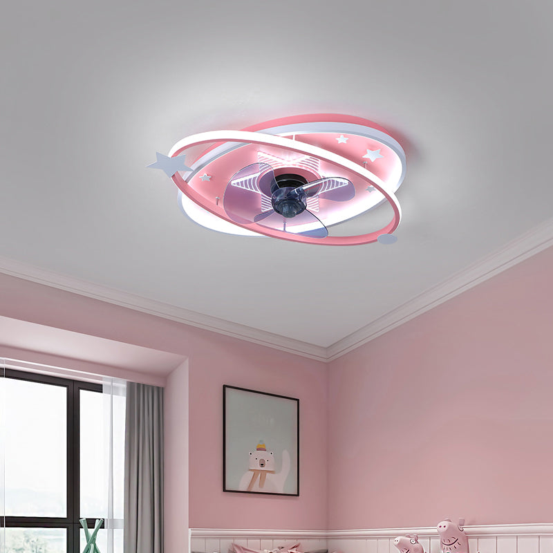 Oval Semi Flush Ceiling Light Kids Metal Bedroom LED Ceiling Fan Lamp Fixture
