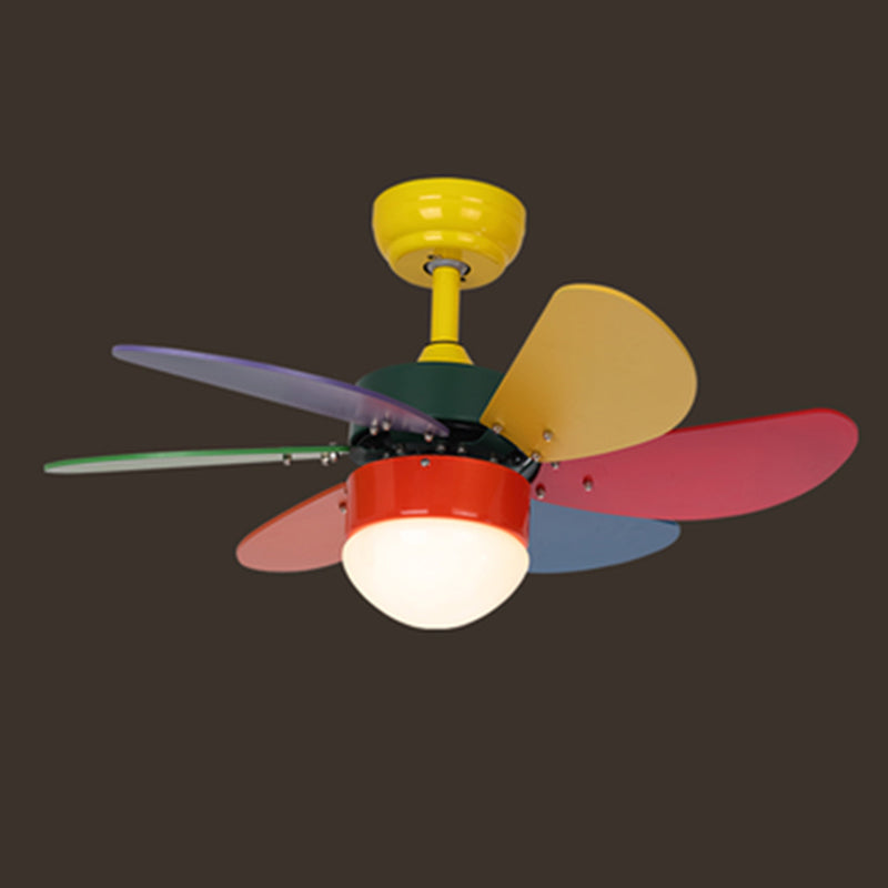 Macaron LED Pendant Fan Lamp Domed 6-Blade Semi Flush Light with White Glass Shade