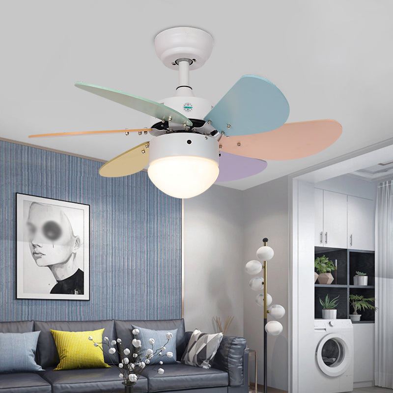 Macaron LED Pendant Fan Lamp Domed 6-Blade Semi Flush Light with White Glass Shade