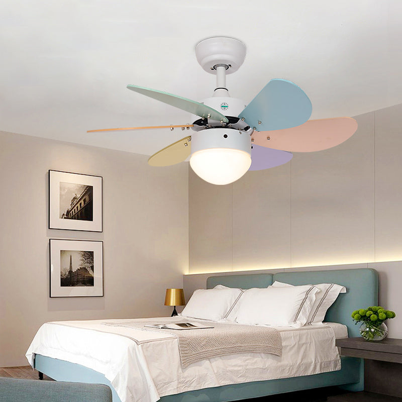 Macaron LED Pendant Fan Lamp Domed 6-Blade Semi Flush Light with White Glass Shade