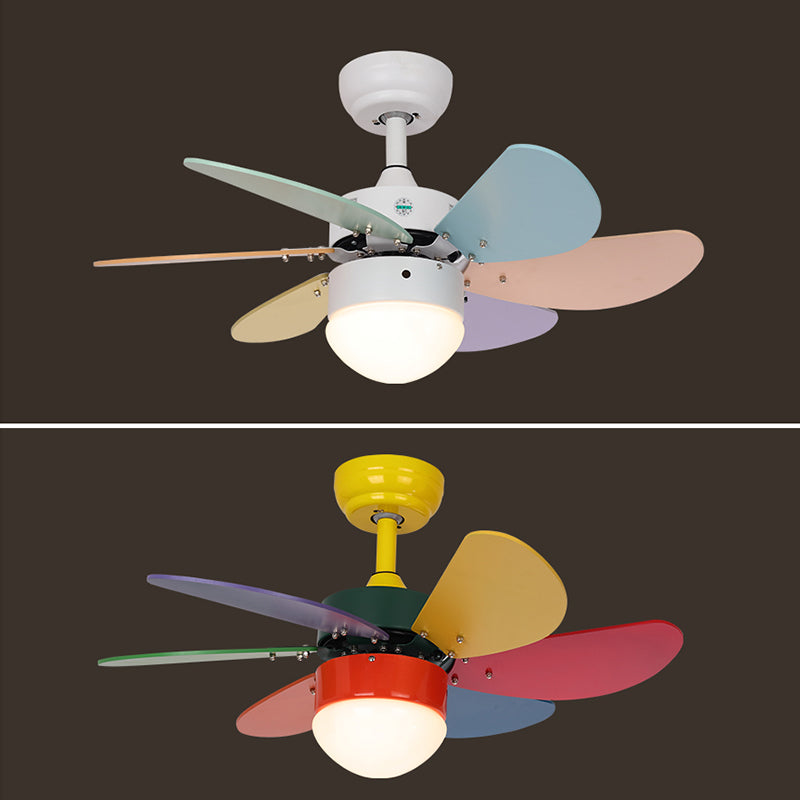 Macaron LED Pendant Fan Lamp Domed 6-Blade Semi Flush Light with White Glass Shade