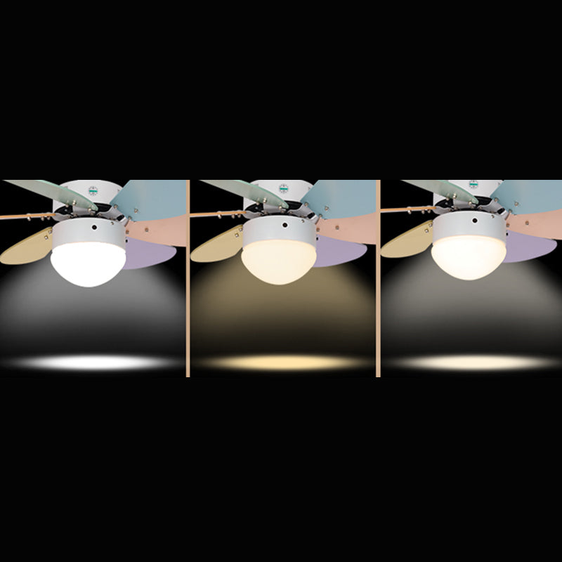 Macaron LED Pendant Fan Lamp Domed 6-Blade Semi Flush Light with White Glass Shade