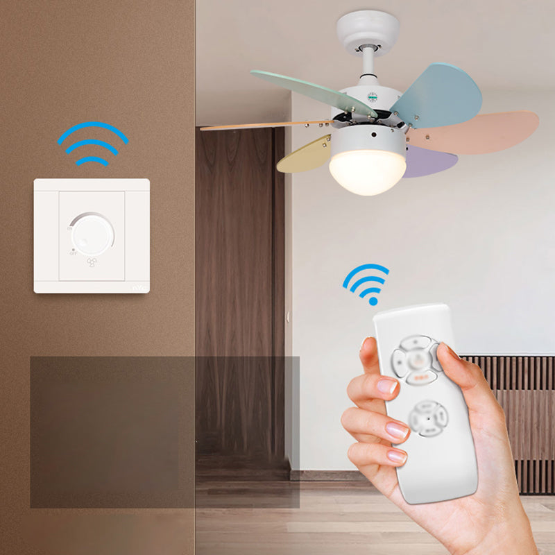 Macaron LED Pendant Fan Lamp Domed 6-Blade Semi Flush Light with White Glass Shade