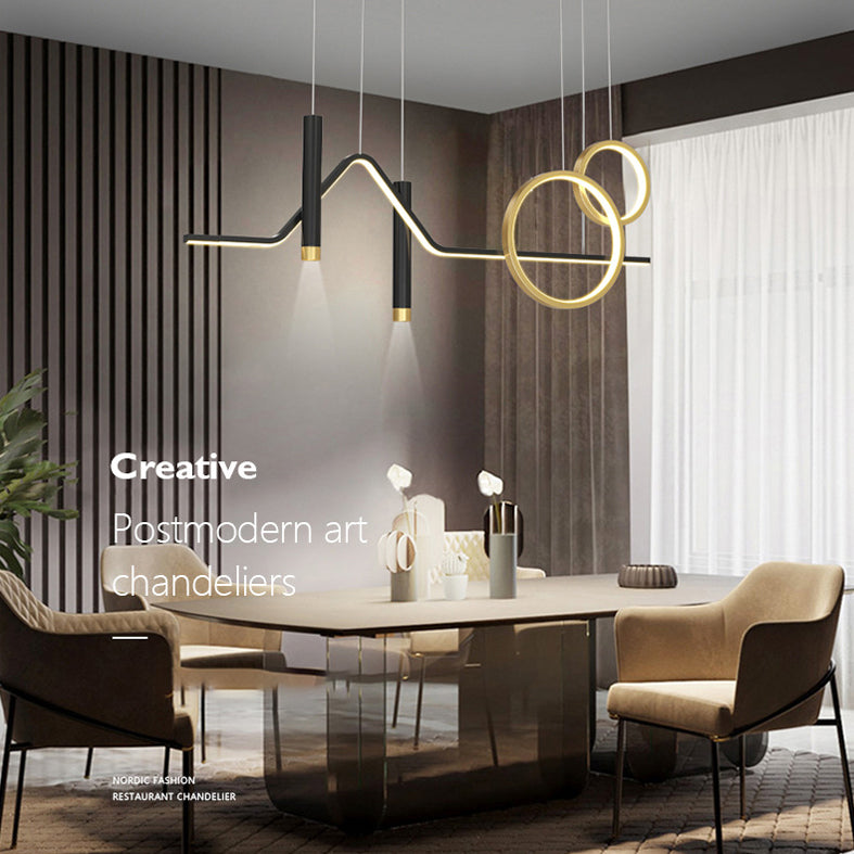 Isola di sospensione lineare contemporanea Light Metal Led Room Isola lampadario in oro-nero