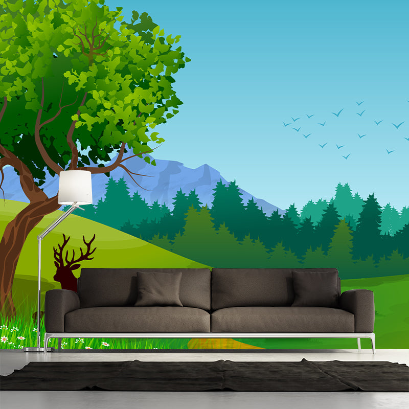 Green Tree Landscape Wall Mural Minimalist Home Decor Wall Art for Children's Room