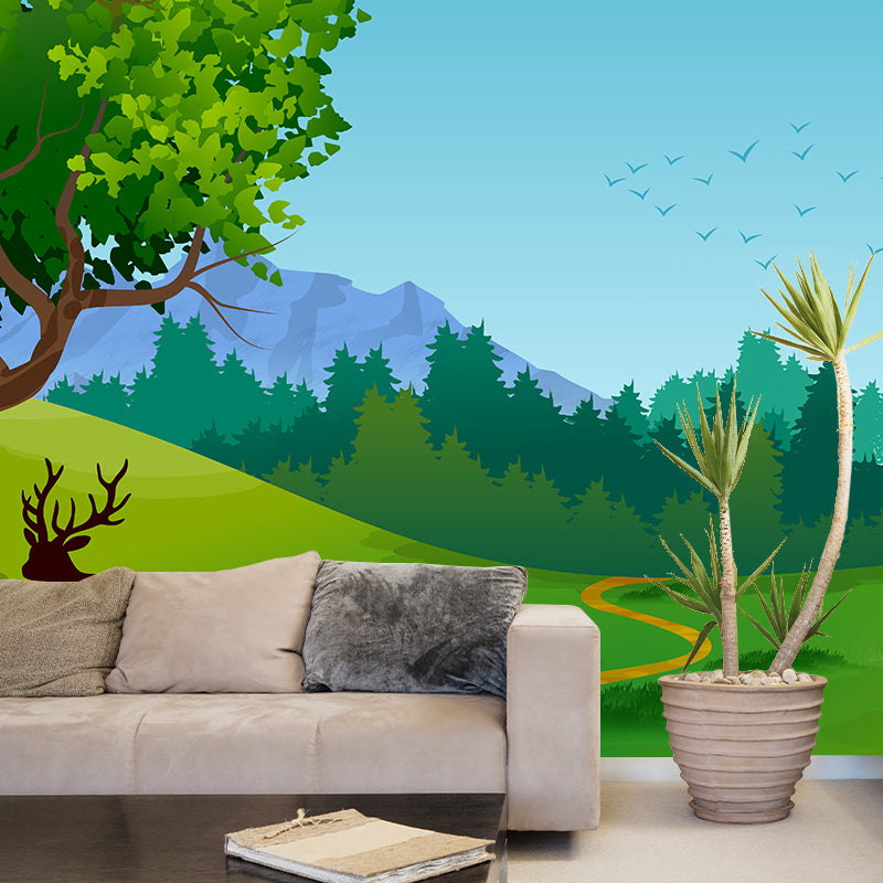 Green Tree Landscape Wall Mural Minimalist Home Decor Wall Art for Children's Room