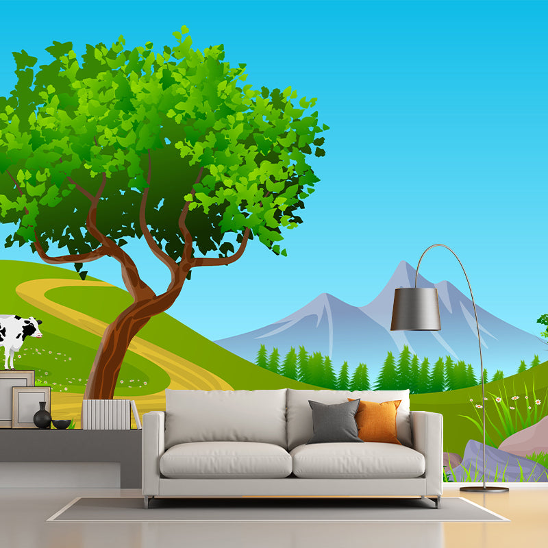 Green Tree Landscape Wall Mural Minimalist Home Decor Wall Art for Children's Room