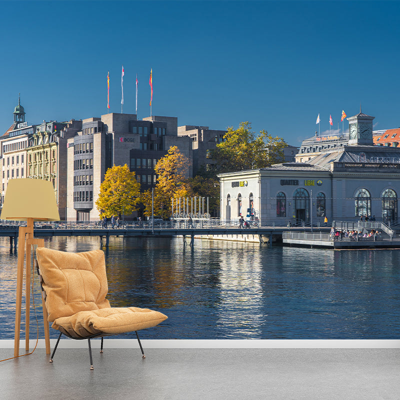 Modern City Landscape Mural Wallpaper Bedroom Office Wall Art, Custom Size Available