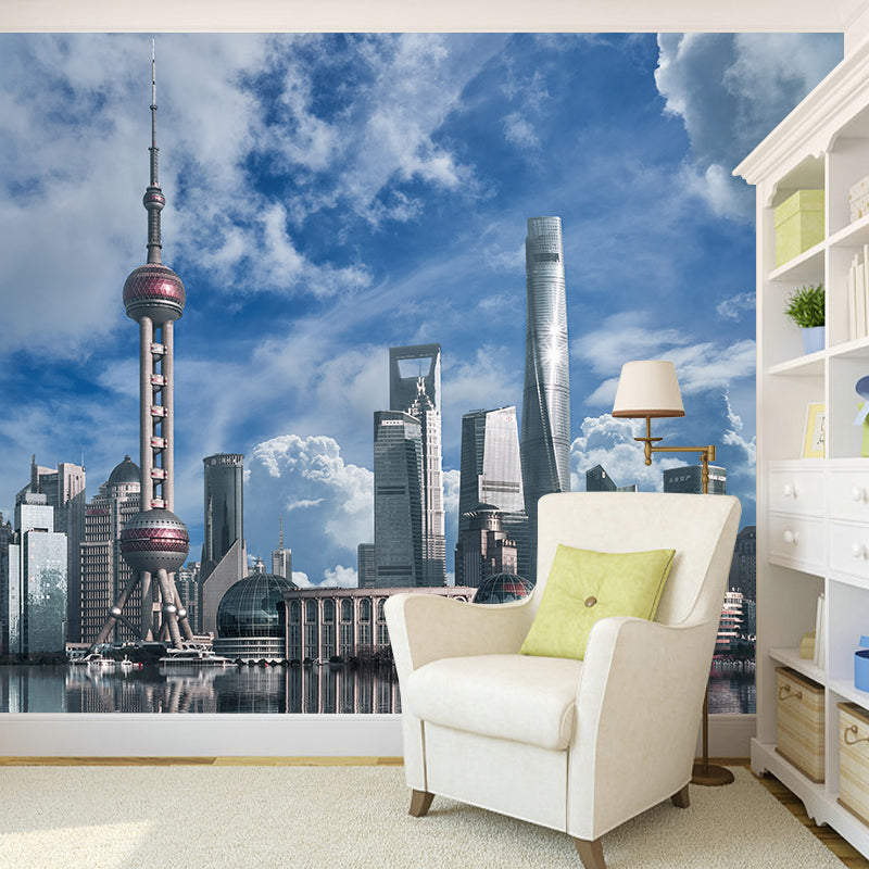 Modern City Landscape Mural Wallpaper Bedroom Office Wall Art, Custom Size Available