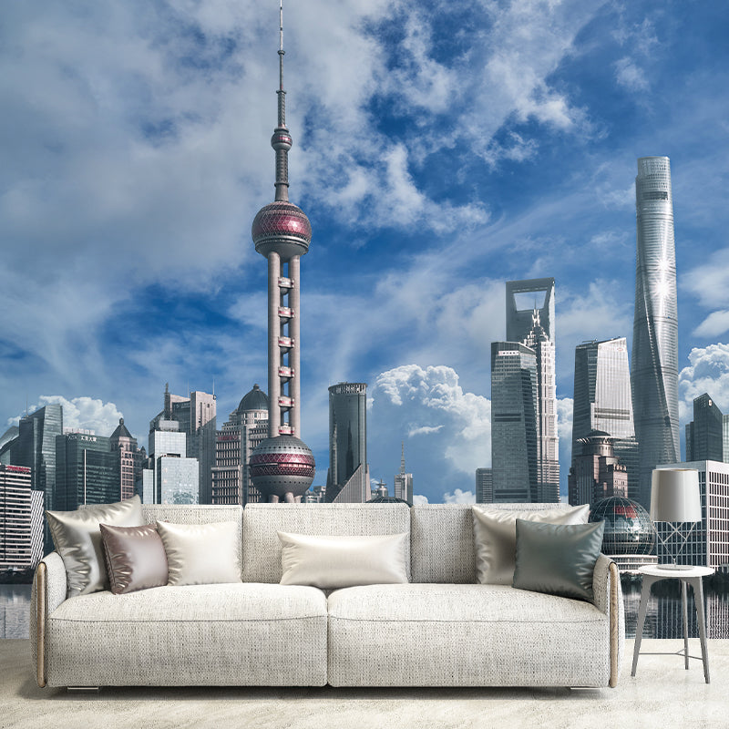 Modern City Landscape Mural Wallpaper Bedroom Office Wall Art, Custom Size Available