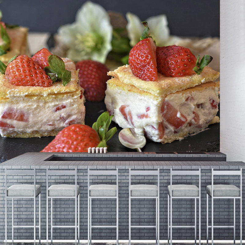 Tasty Strawberry Cake Mural Modern Decorative Dessert Shop Wall Art Multiple Sizes Available