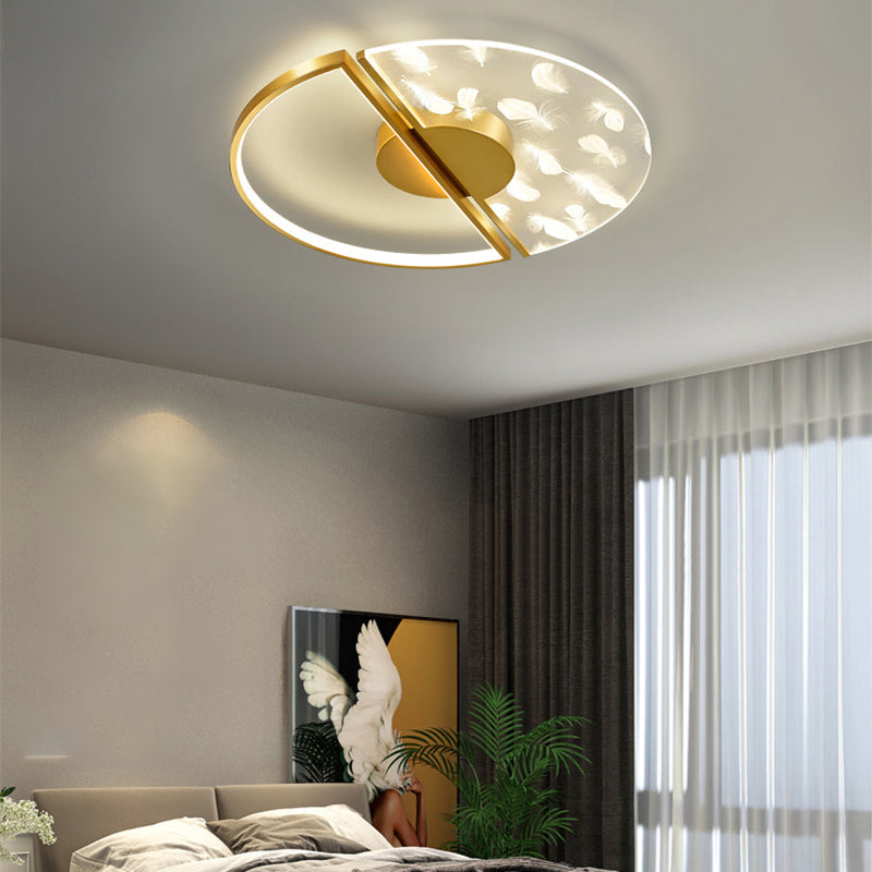 Modern Luxury LED Feather Ceiling Light Wrought Iron Circular Flush Mount with Acrylic Shade