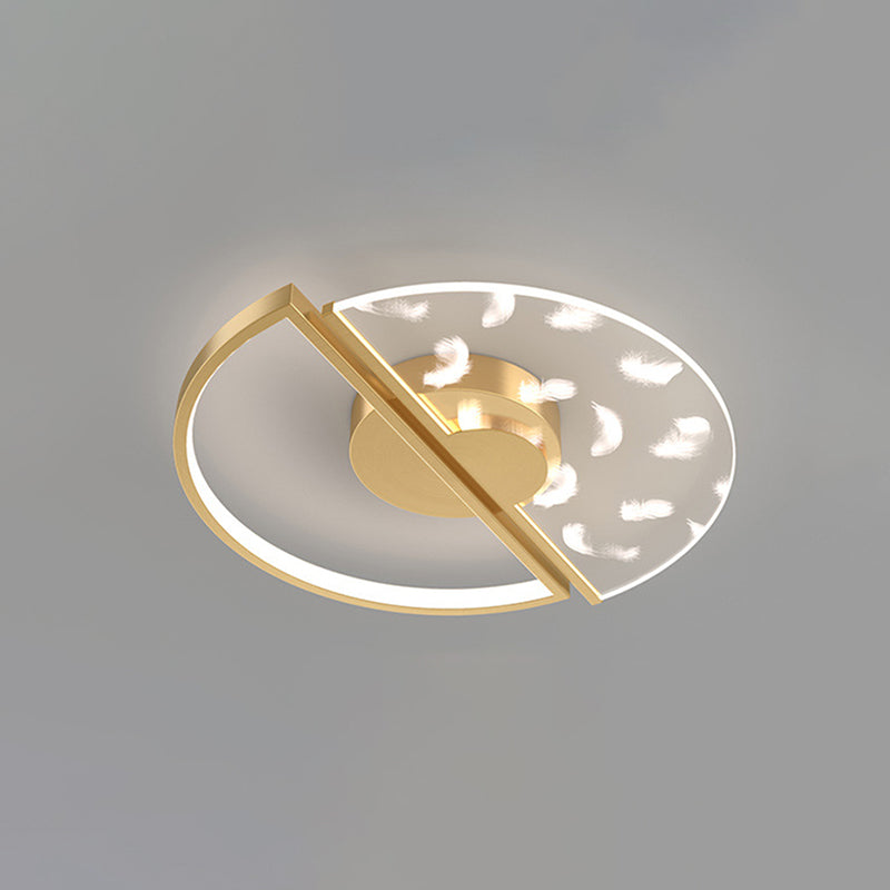 Modern Luxury LED Feather Ceiling Light Wrought Iron Circular Flush Mount with Acrylic Shade