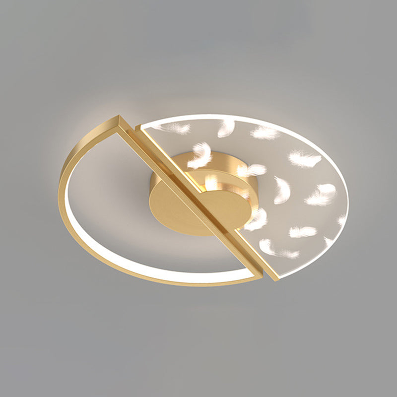 Modern Luxury LED Feather Ceiling Light Wrought Iron Circular Flush Mount with Acrylic Shade
