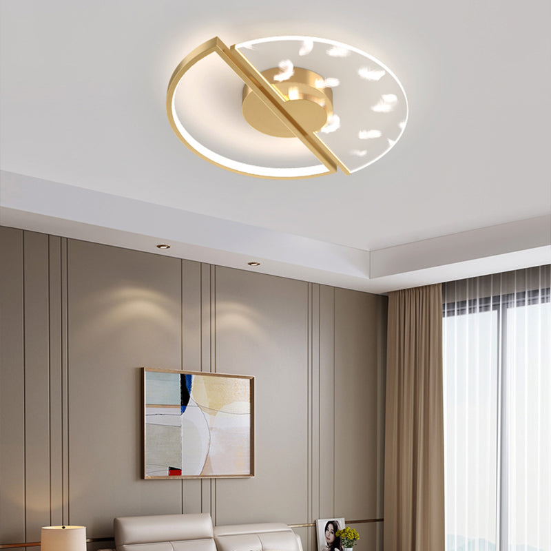 Modern Luxury LED Feather Ceiling Light Wrought Iron Circular Flush Mount with Acrylic Shade