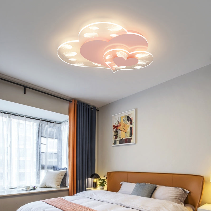 Acrylic Heart-Shaped LED Flush Mount in Modern Creative Style Iron Feather Ceiling Light for Bedroom
