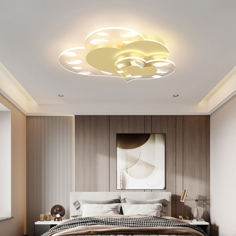 Acrylic Heart-Shaped LED Flush Mount in Modern Creative Style Iron Feather Ceiling Light for Bedroom
