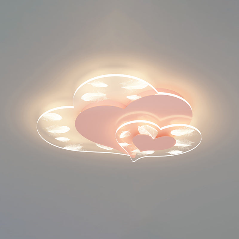Acrylic Heart-Shaped LED Flush Mount in Modern Creative Style Iron Feather Ceiling Light for Bedroom