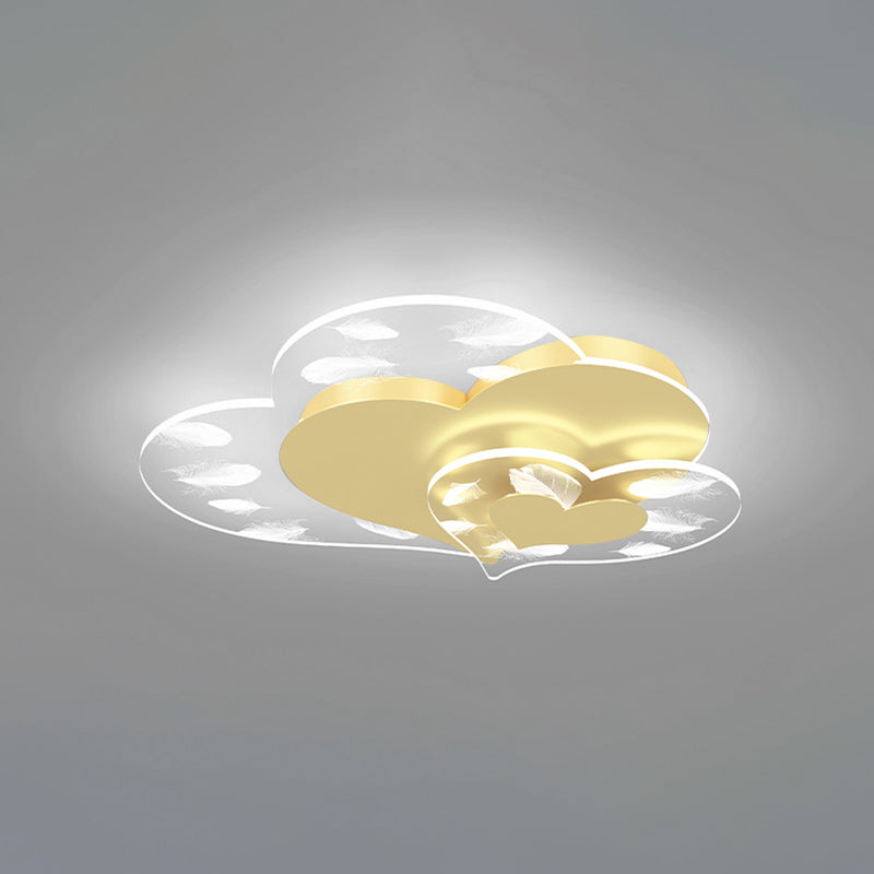 Acrylic Heart-Shaped LED Flush Mount in Modern Creative Style Iron Feather Ceiling Light for Bedroom