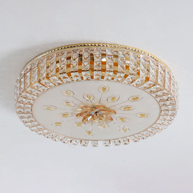 Gold Circular LED Ceiling Light in Modern Luxury Style Crystal Flush Mount with Glass Shade