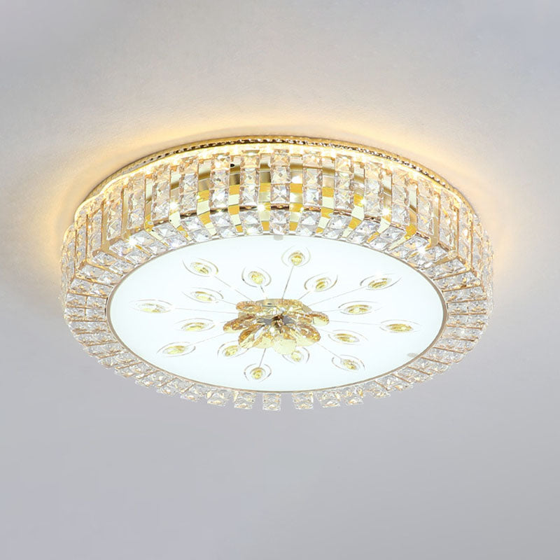 Gold Circular LED Ceiling Light in Modern Luxury Style Crystal Flush Mount with Glass Shade