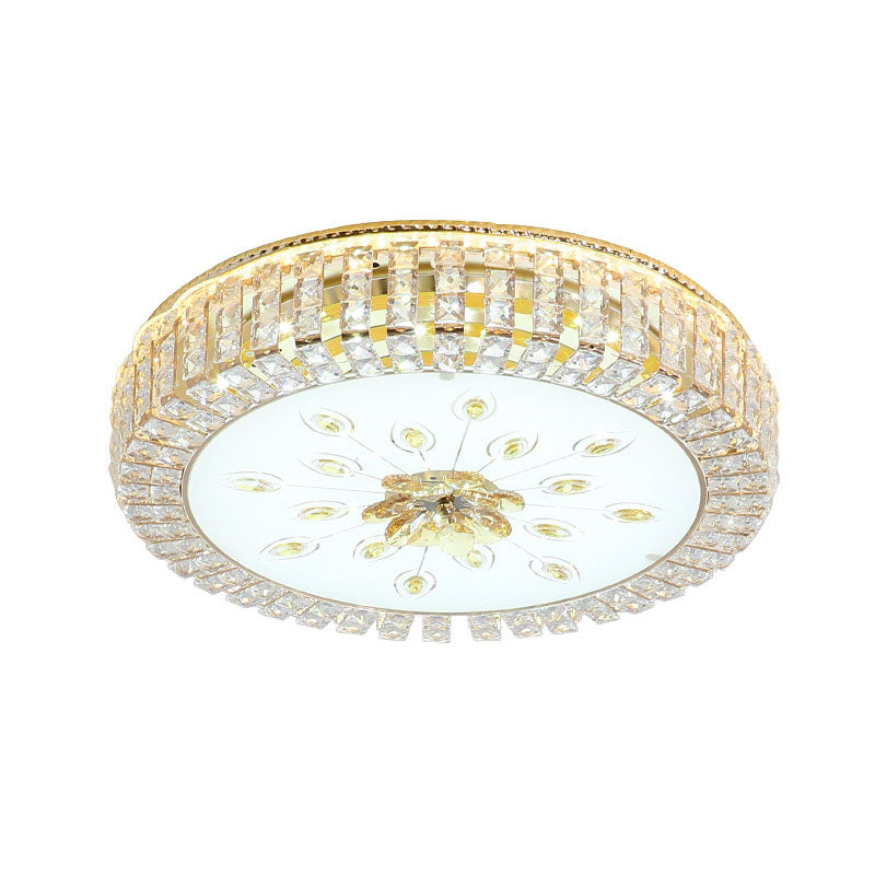 Gold Circular LED Ceiling Light in Modern Luxury Style Crystal Flush Mount with Glass Shade