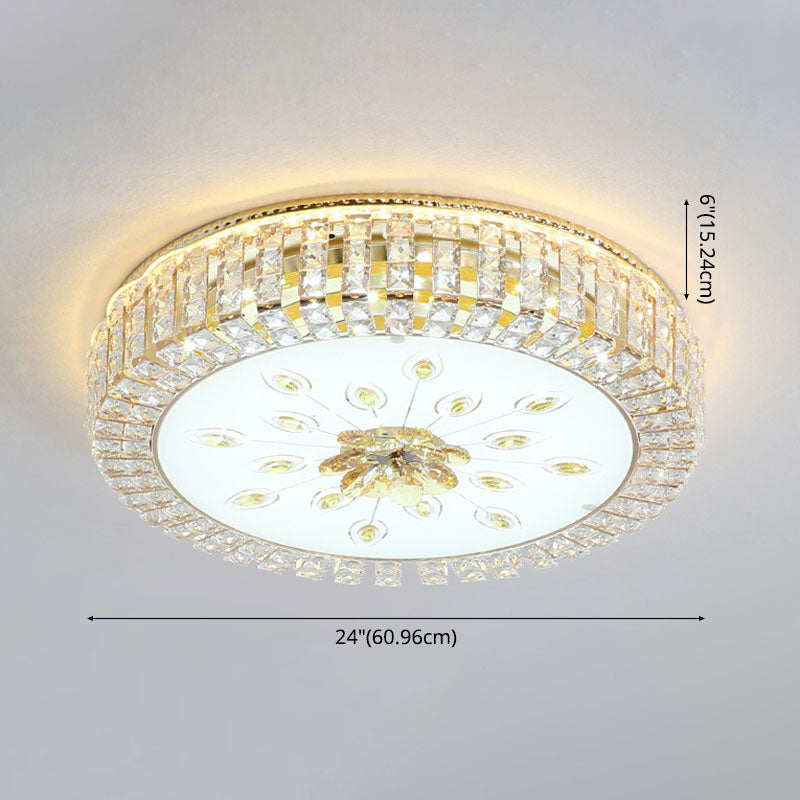 Gold Circular LED Ceiling Light in Modern Luxury Style Crystal Flush Mount with Glass Shade