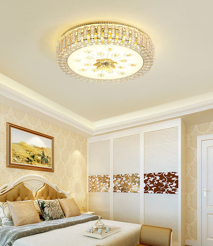 Gold Circular LED Ceiling Light in Modern Luxury Style Crystal Flush Mount with Glass Shade
