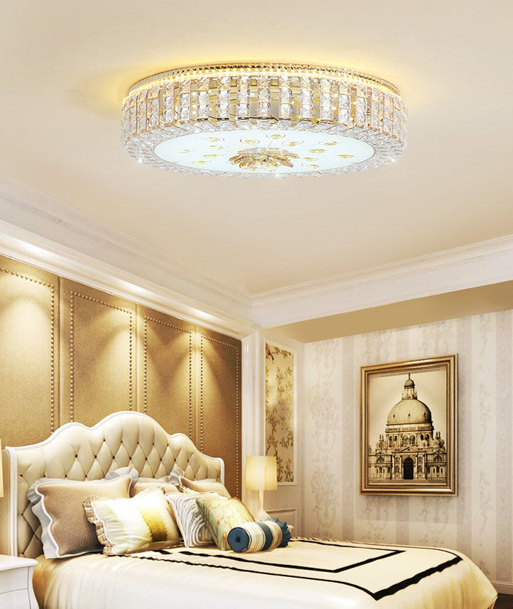Gold Circular LED Ceiling Light in Modern Luxury Style Crystal Flush Mount with Glass Shade