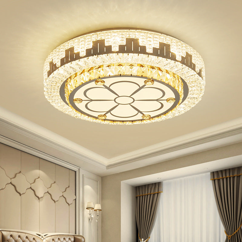 Silver Circular LED Flush Mount in Modern Luxury Style Wrought Iron Ceiling Light with Crystal Shade