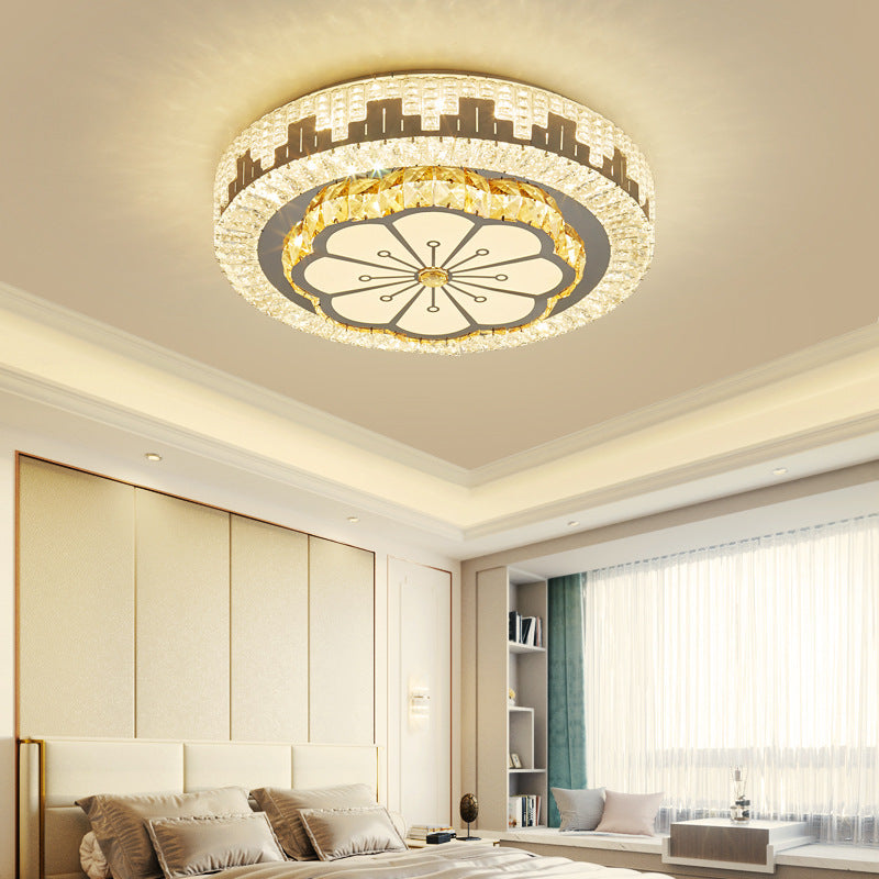 Silver Circular LED Flush Mount in Modern Luxury Style Wrought Iron Ceiling Light with Crystal Shade