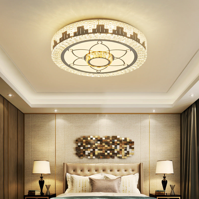 Silver Circular LED Flush Mount in Modern Luxury Style Wrought Iron Ceiling Light with Crystal Shade