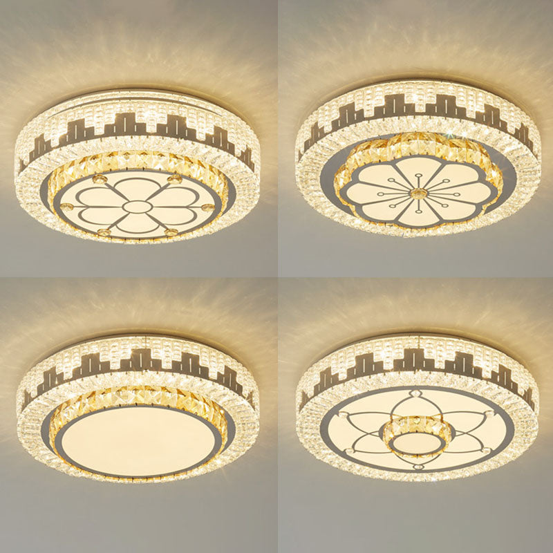 Silver Circular LED Flush Mount in Modern Luxury Style Wrought Iron Ceiling Light with Crystal Shade