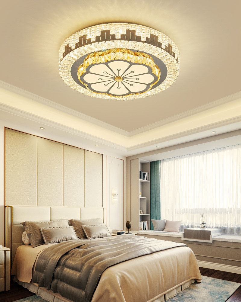 Silver Circular LED Flush Mount in Modern Luxury Style Wrought Iron Ceiling Light with Crystal Shade