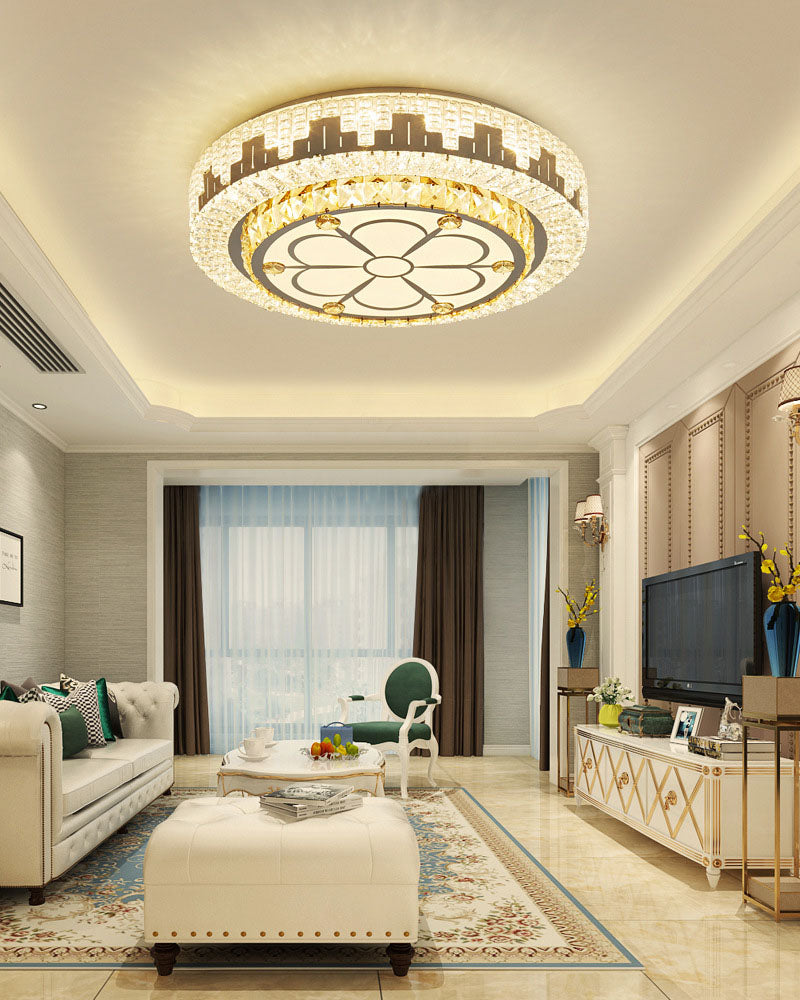 Silver Circular LED Flush Mount in Modern Luxury Style Wrought Iron Ceiling Light with Crystal Shade