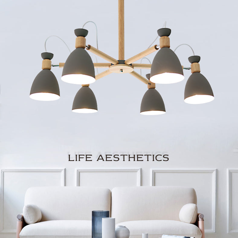 Modern Creative Macaron Pendant Light Wooden Sputnik Hanging Lamp with Wrought Iron Shade
