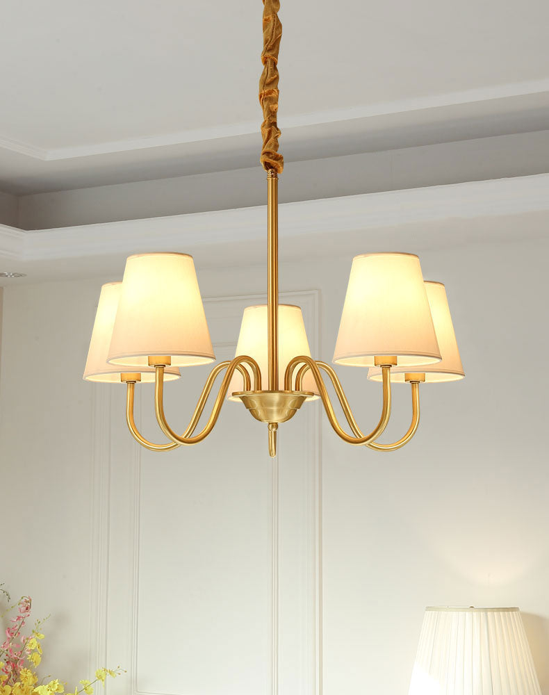 Traditional Classic Radial Pendant Light Copper Chandelier with White Fabrics Shade