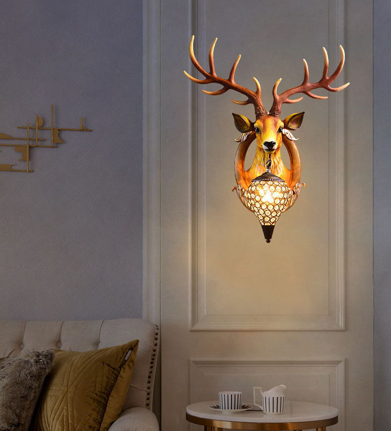 Resin Deer Wall Sconce Lamp Decorative 1-Light Crystal Wall Light for Living Room