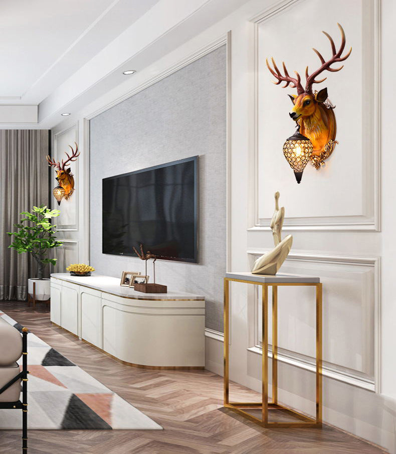Resin Deer Wall Sconce Lamp Decorative 1-Light Crystal Wall Light for Living Room
